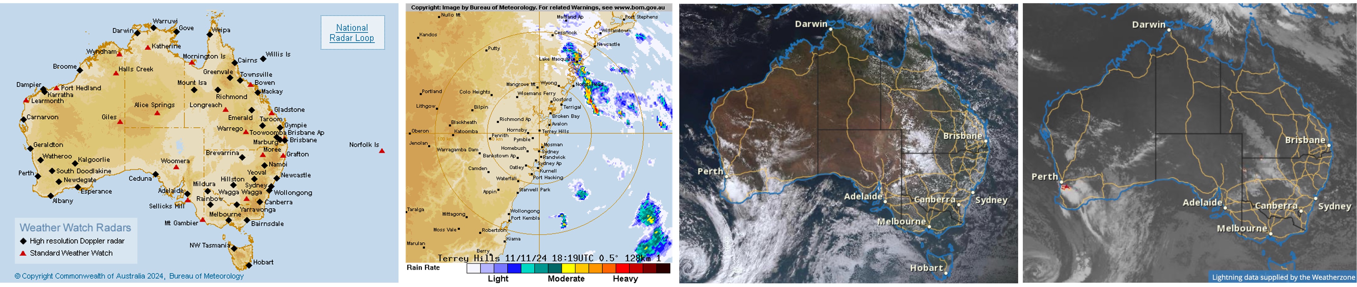 Weather radars, radar image, satellite image, lightning observation